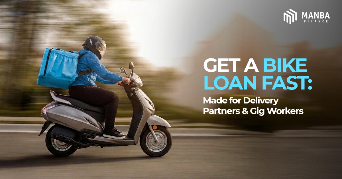 Delivery rider on scooter with backpack and text about fast bike loan for gig workers by Manba Finance.
