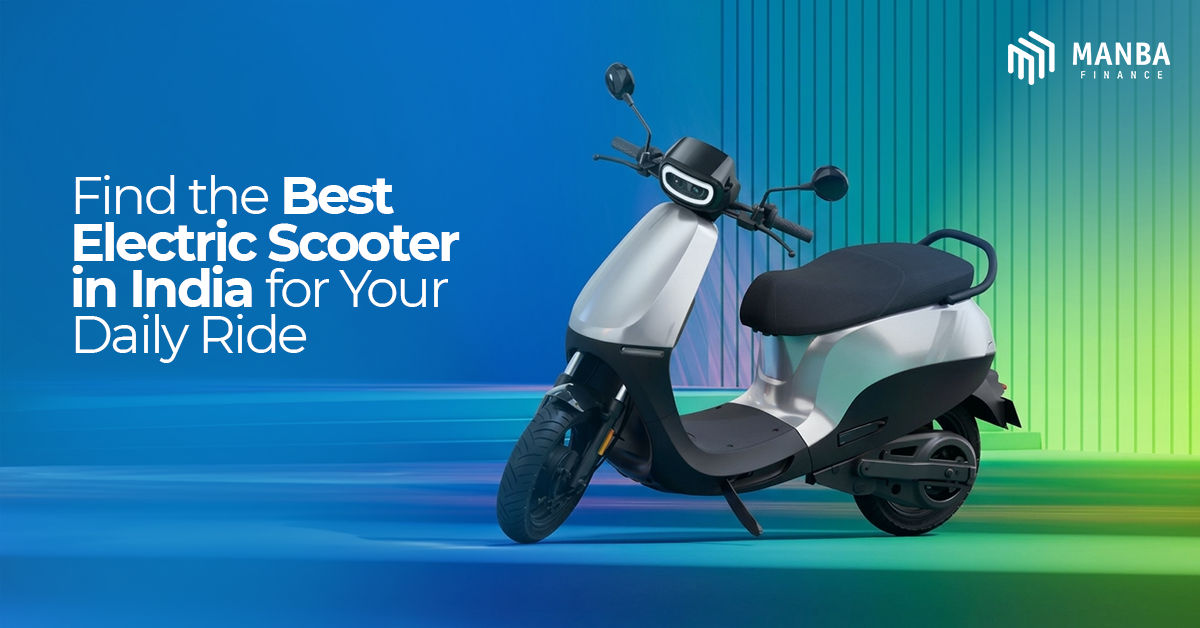 Modern electric scooter on blue background with text about best electric scooter in India for daily ride by Manba Finance.